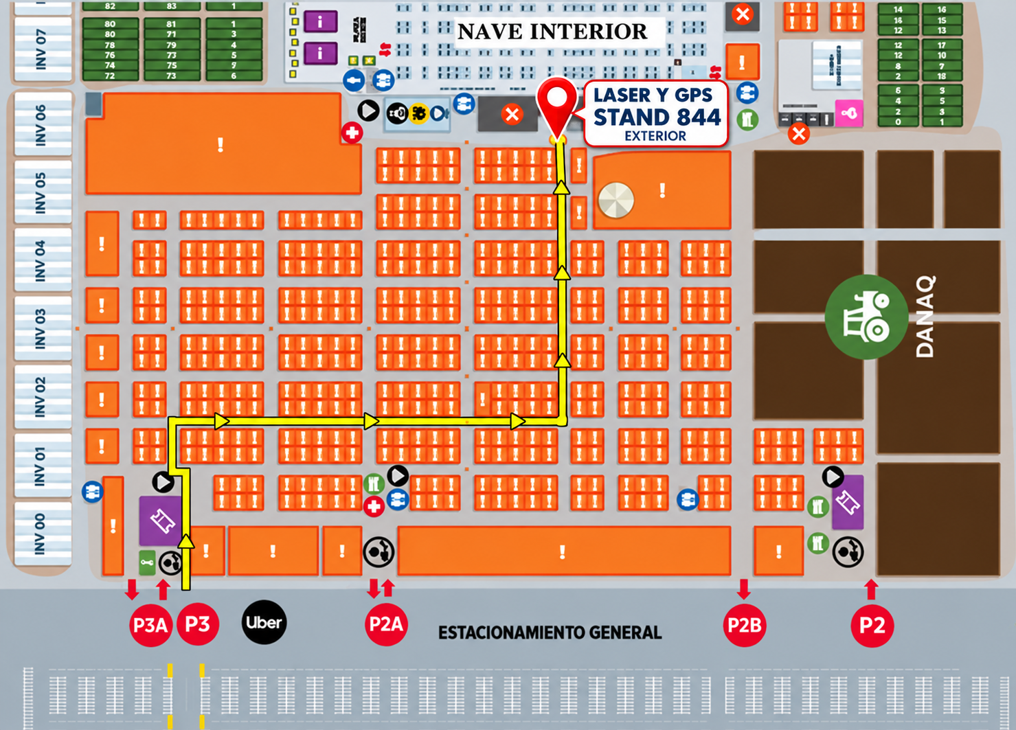 Croquis de Expo Agroalimentaria con ruta señalada al stand 844 de Laser y GPS
